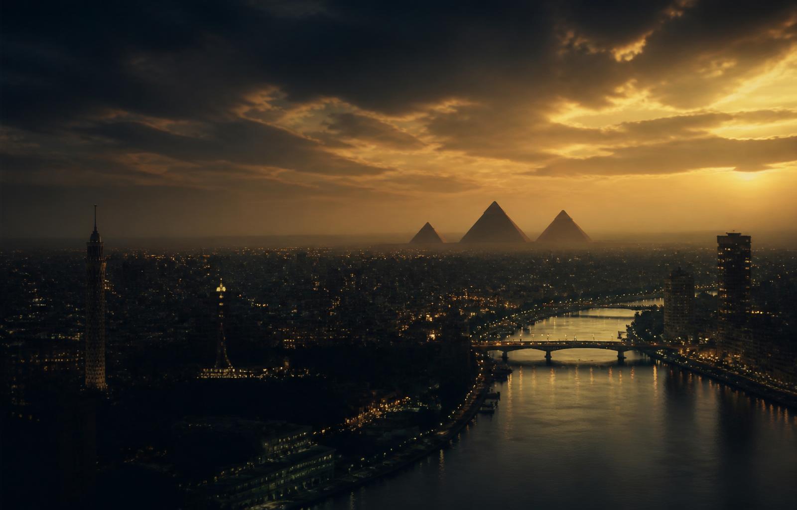 Cairo skyline at dusk with Nile river and pyramids on the horizon — Maingate's North Africa corridor node