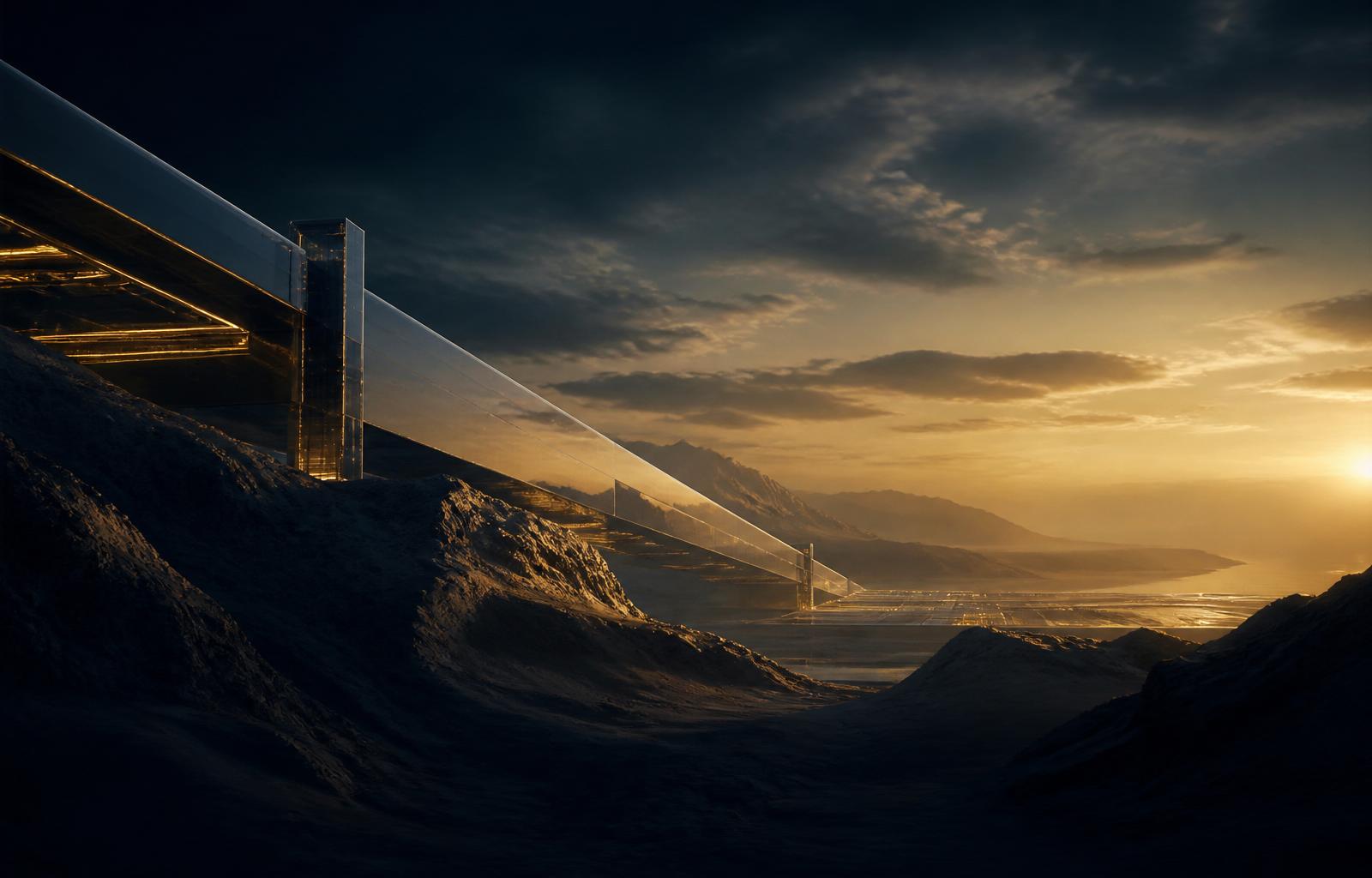 NEOM giga-project landscape at dusk — reference to Vision 2030 infrastructure mandates